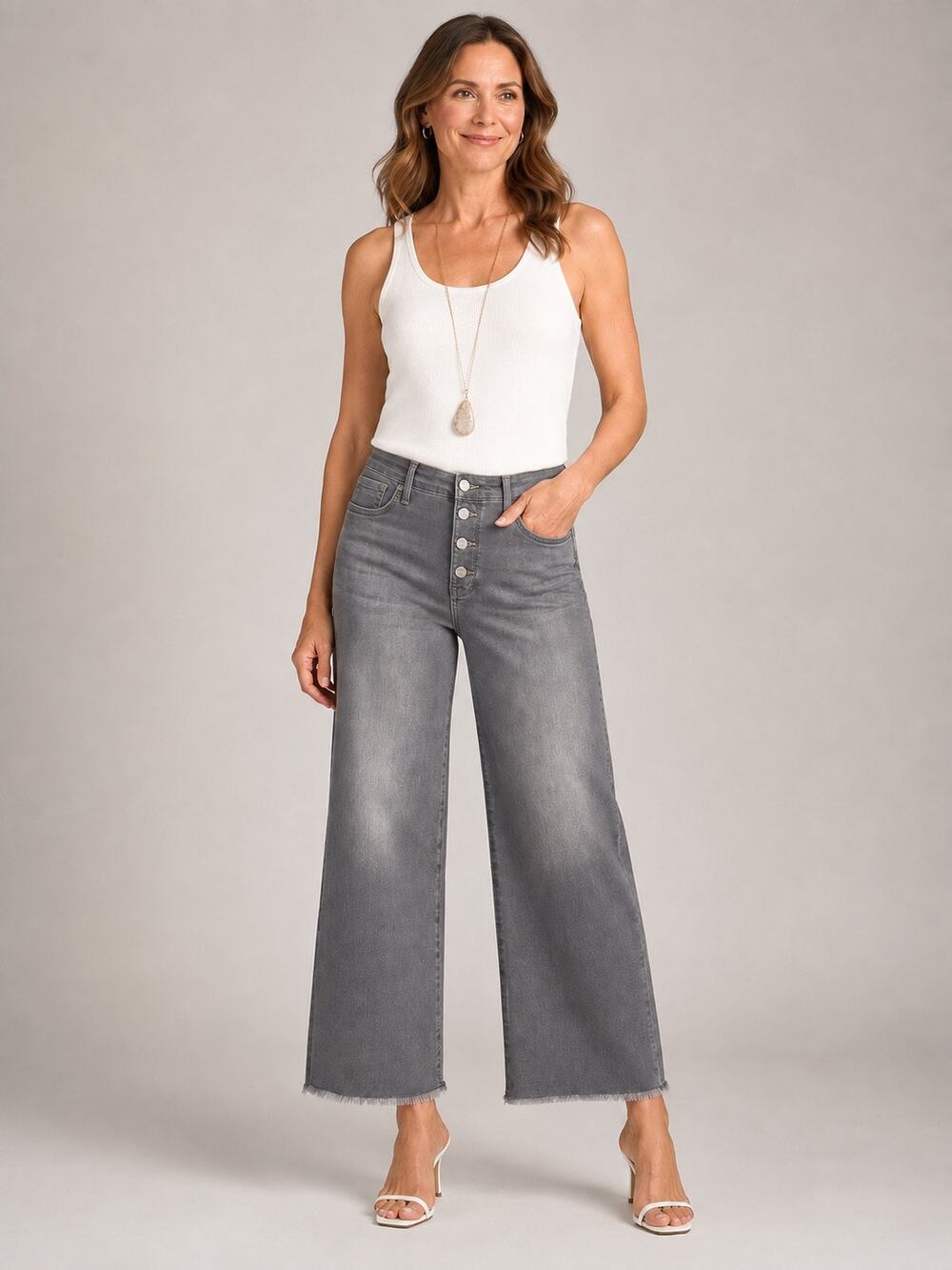 NYDJ NWT Teresa Wide Leg Jeans Size 6 Gray High Rise Raw Hem 27" Inseam $109